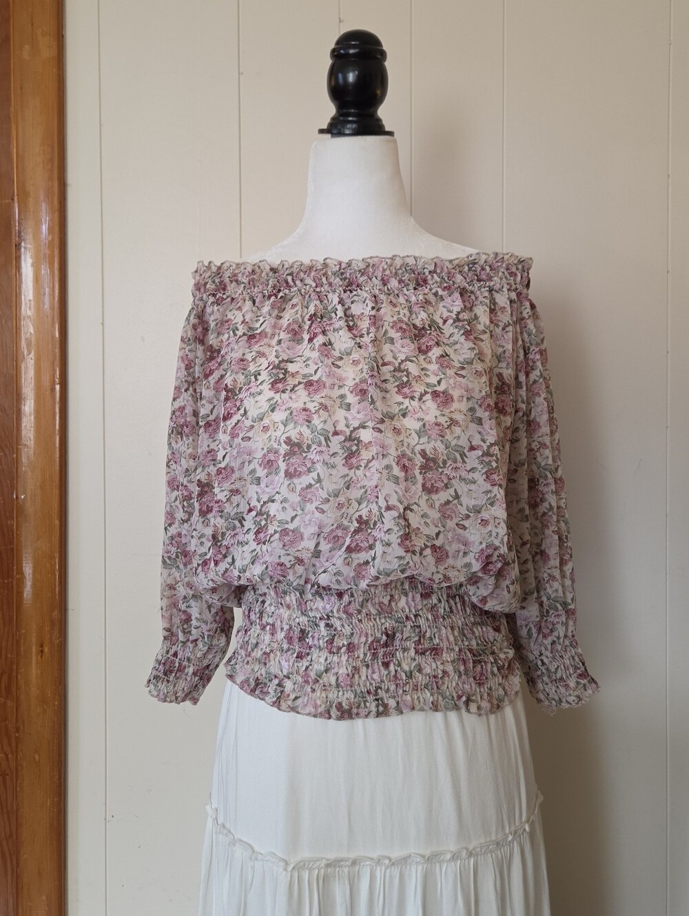 Frankie & Missy | Pink Floral Off-The-Shoulder Smocked Blouse